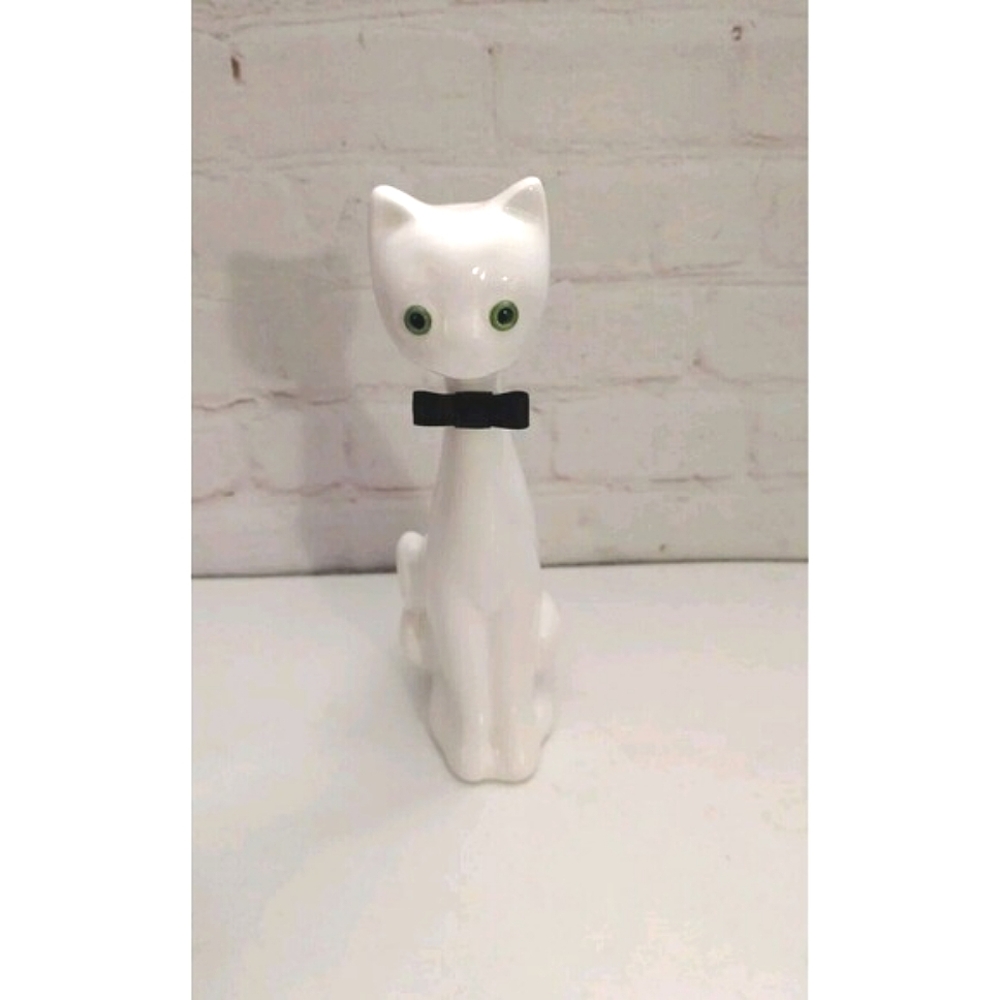 Vintage White Ceramic Cat Green Eyes and Bow Tie Figurine Kitchy MCM
